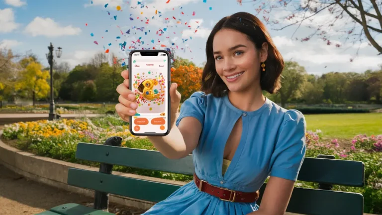 Mulher com vestido azul usando smartphone com interface colorida de app, em banco de parque rodeada por flores e céu azul.