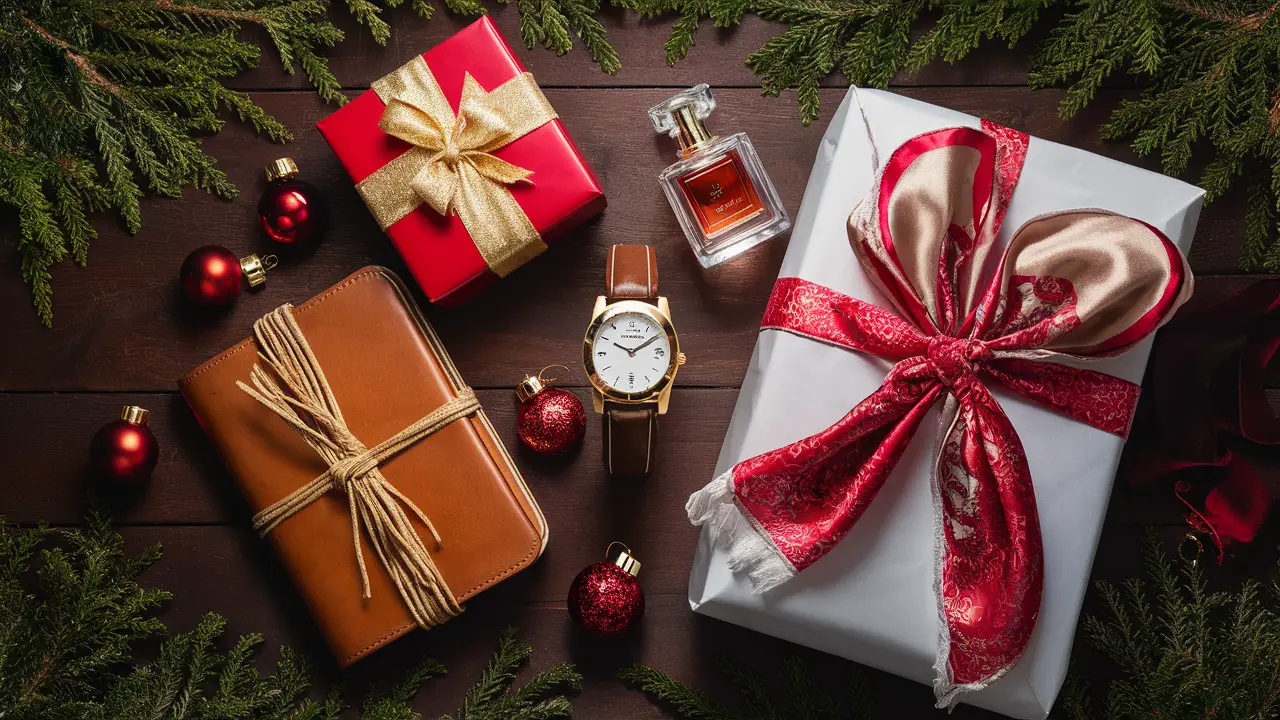 Presentes de luxo, incluindo relógio dourado, caderno de couro, perfume de cristal e lenço de seda, em mesa de madeira.