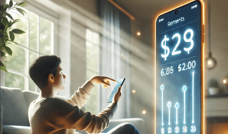 Jovem usando o aplicativo CashLand no celular para ganhar recompensas em um ambiente acolhedo